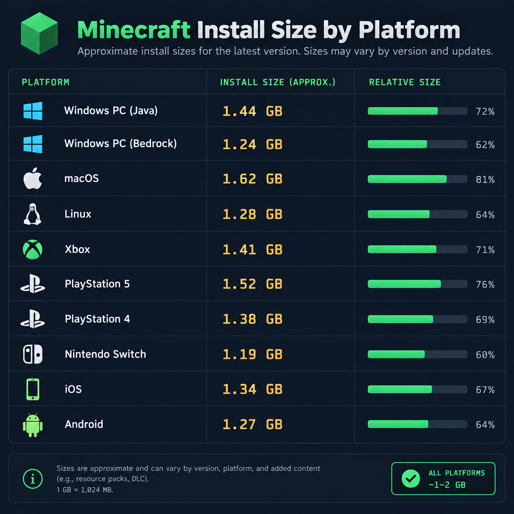 Minecraft Install Size by Platform Table